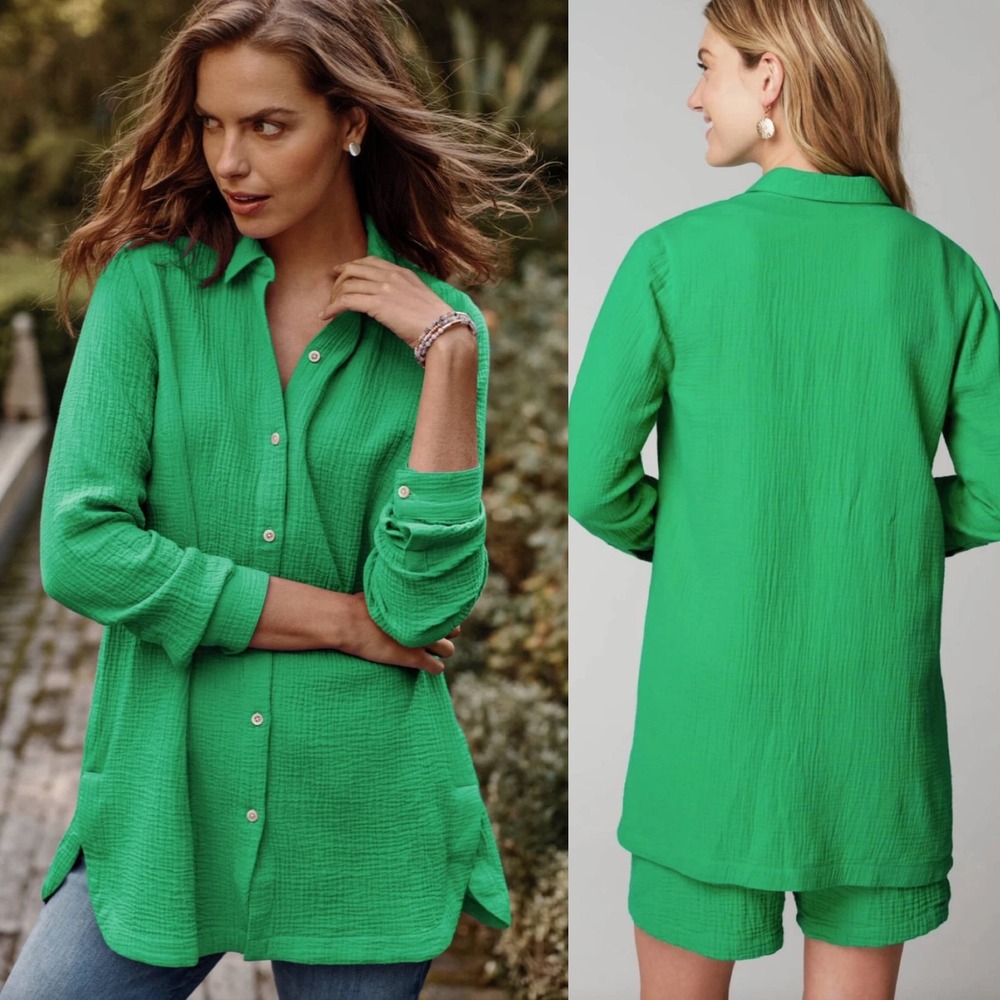 J Jill Womens Aster Gauze Button Up Tunic‎ Shirt L Kelly Green Cotton Coastal